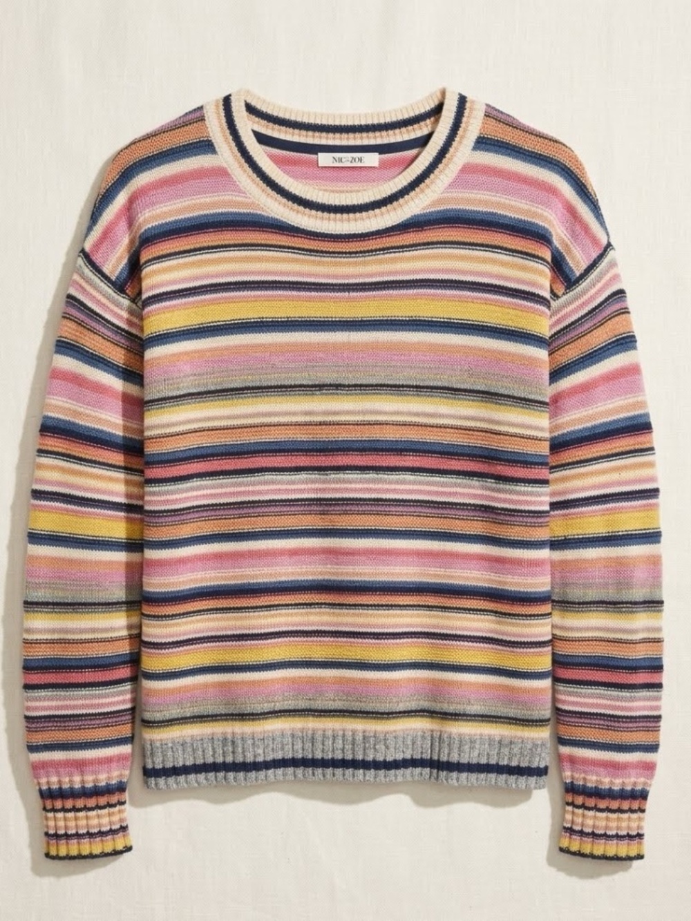NIC+ZOE Aerial Fields Striped Knit Crewneck Sweater Pink Multi size M